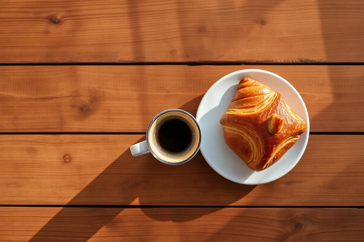 Top down shot of a rustic wooden table with specialty coffee and a golden croissant