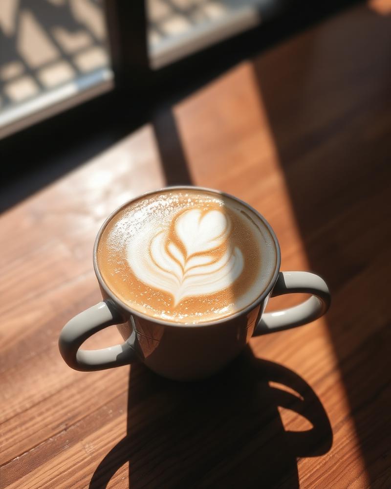 A perfect flat white with latte art in a ceramic cup on a wooden table with morning shadows