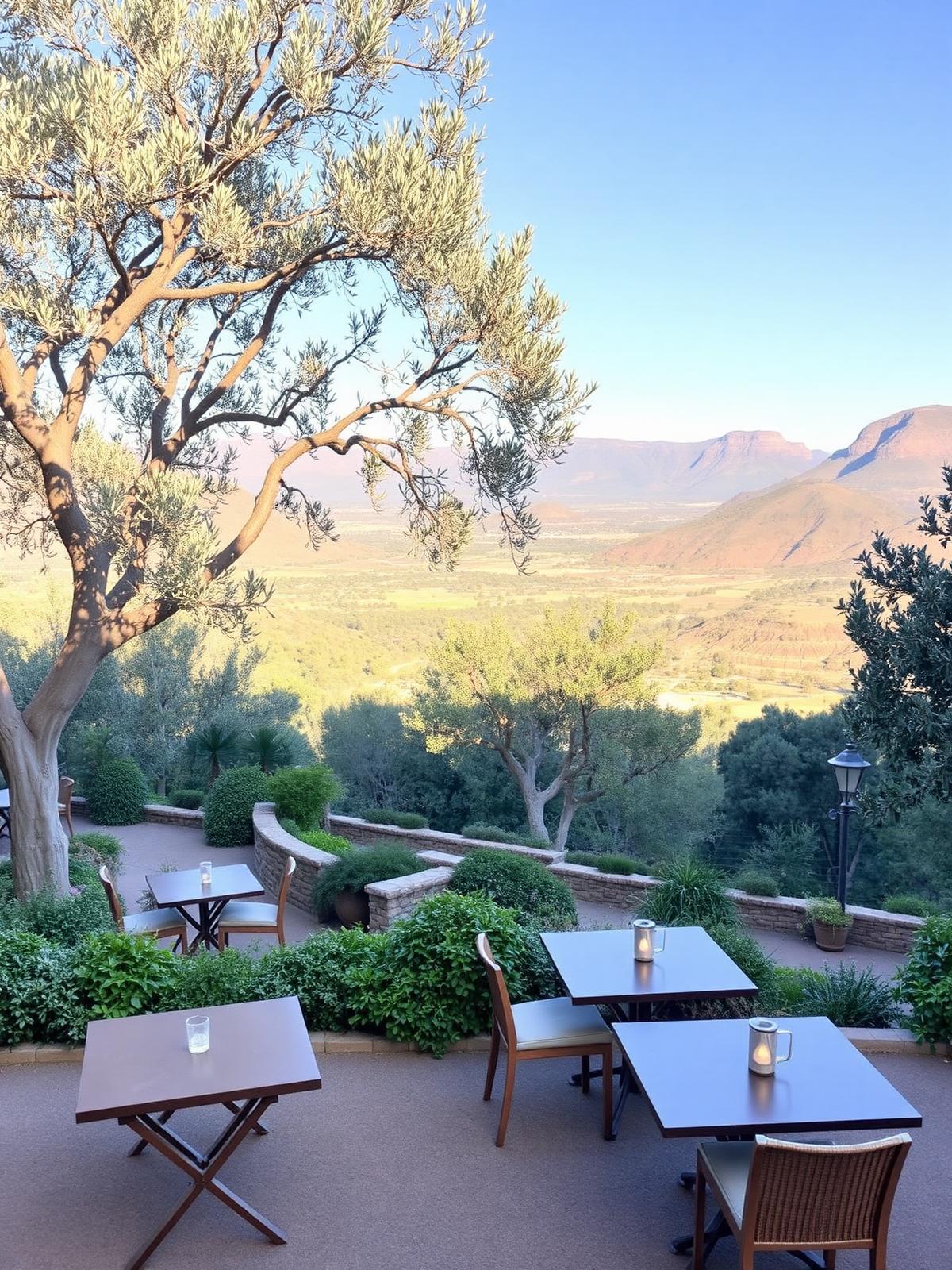 A lush tiered garden overlooking a valley in South Africa with subtle outdoor seating