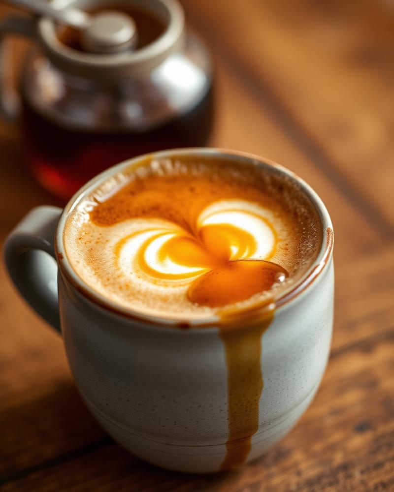 A South African Red Latte with honey and foam in a stoneware mug